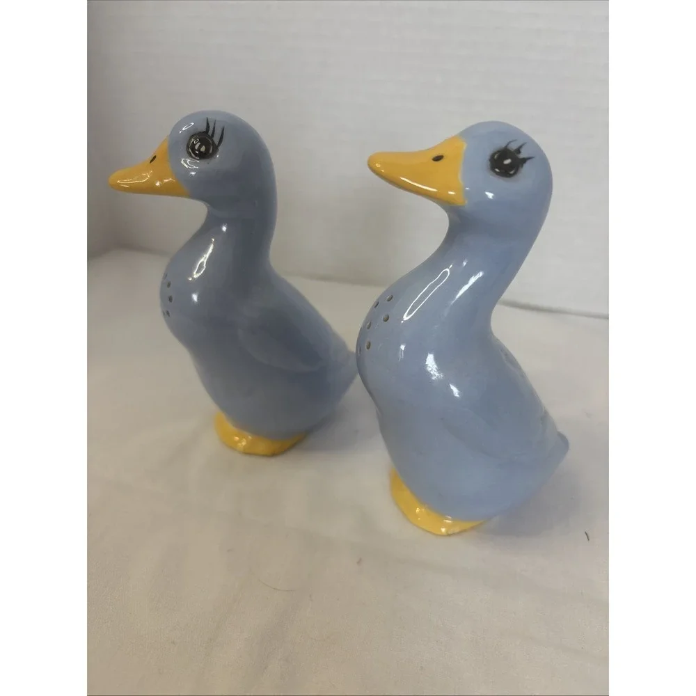 Vintage Pear Of Blue And Yellow, Ceramic Duck Figurines, Salt, n Pepper Shakers